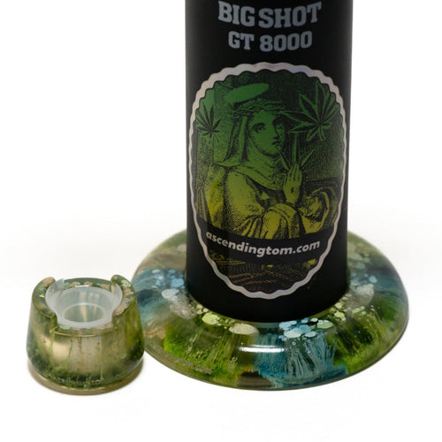 Close-up of Green drips resin base on Blazer big shot gt 8000 and bubble cap holder.